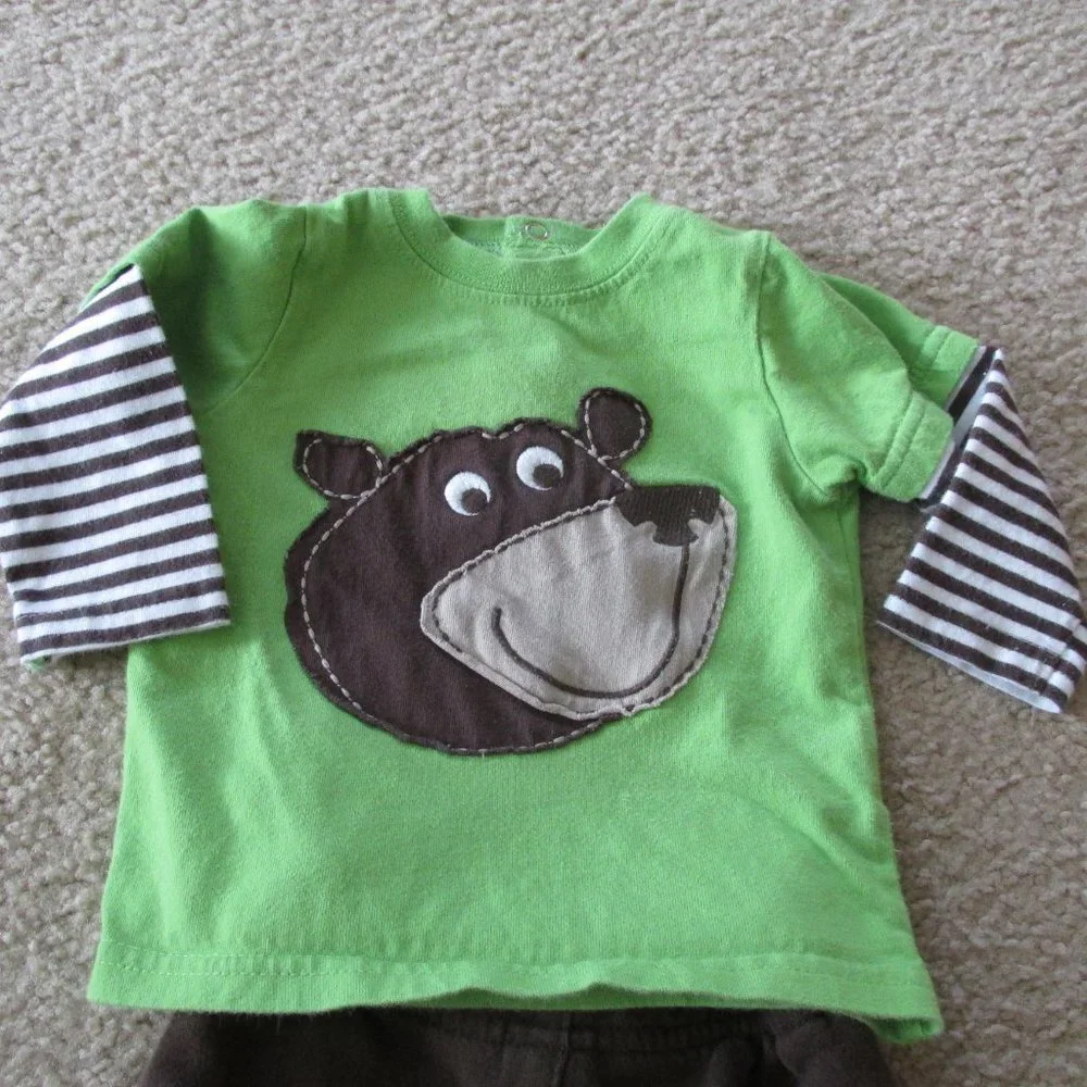 Carters 2 Pc Shirt Pants Outfit Boys 6M‎ Brown Green Striped Long Sleeve Bear